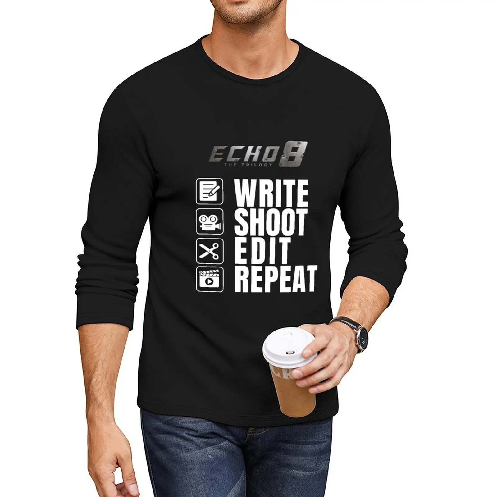 Write, Shoot, Edit, Repeat: Echo 8 Trilogy on Black Long T-Shirt customized t shirts plain black t shirts men