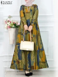 Zanzea Casual A-Lijn Abaya Vestidos Islamic Losse Vakantie Vrouwen Maxi Jurk Met Lange Mouwen Vintage Print Moslim Mode Lange Gewaad