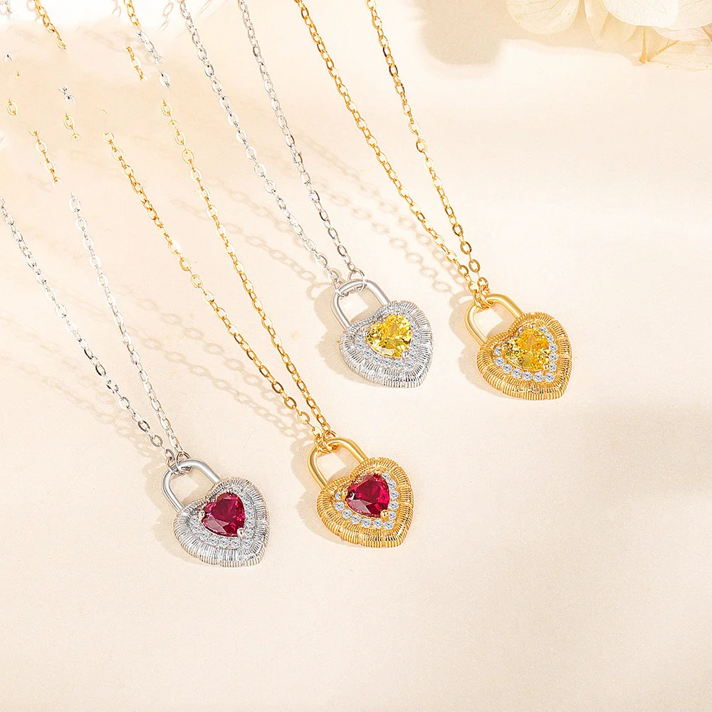 

S925 Silver Neck - Heart Lock Drawing Yellow Zircon, Retro Ins Women's Collar