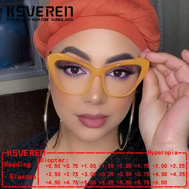 

KSVEREN Fashion Cat Eye Blue Light Blocking Reading Glasses Women Large Frame Presbyopic Glasses Optical Prescription Glasses