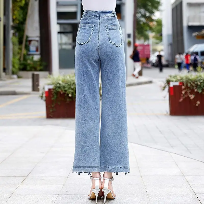 Pantalones de pierna ancha de cintura alta para mujer, Vaqueros drapeados con costuras de encaje, holgados y rectos, 2024