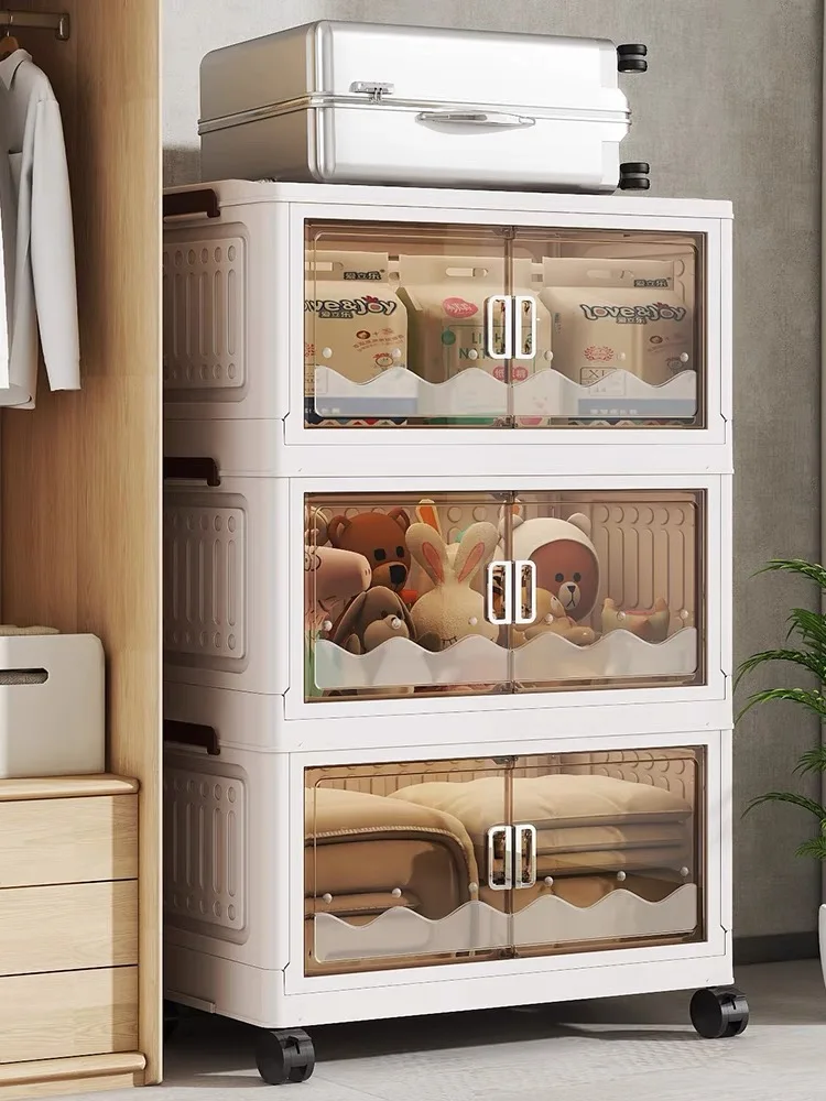 Large Capacity Folding Portable Storage Cabinet Bins Stackable Organizer Box With Wheel Collapsible Toy Storage With Double Door