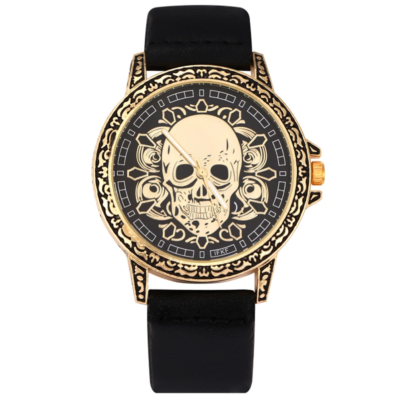 

Men Skull Quartz Watch Fashion Watches Carving Engraved Dial Man Black Bronze Gold Skeleton Clock Relogio Masculino Male Reloj