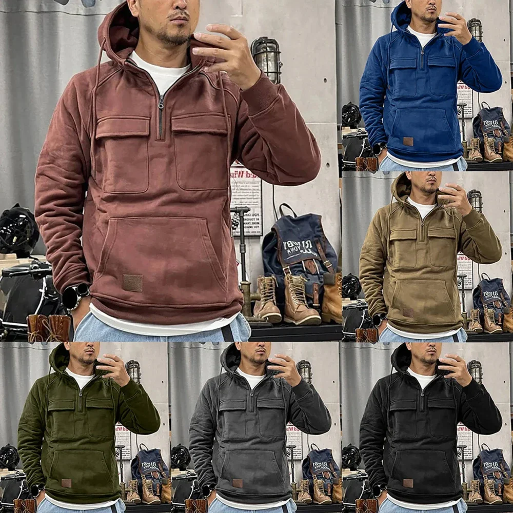 

2025 Men's Hoodies Sweatshirts Multi Pockets Men Clothing Male Hooded Jackets Outdoor Half Zipper Solid Color Blouse Loose Sport