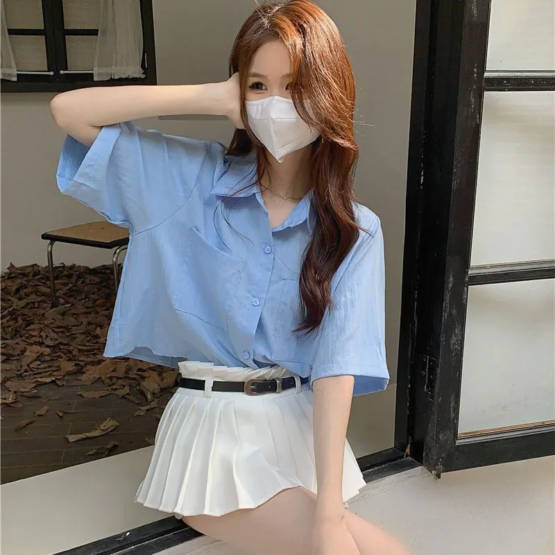 Summer Women's Short Sleeves Shirts All-Match Simple Loose Basic Casual Shirt Ladies Korean Single-Breasted Pockets Cropped Top