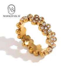 MamitaSlay Elegant sparkling daisy flowers 7mm wide Rings gold plated Stainless steel jewelry woman waterproof finger Decoration