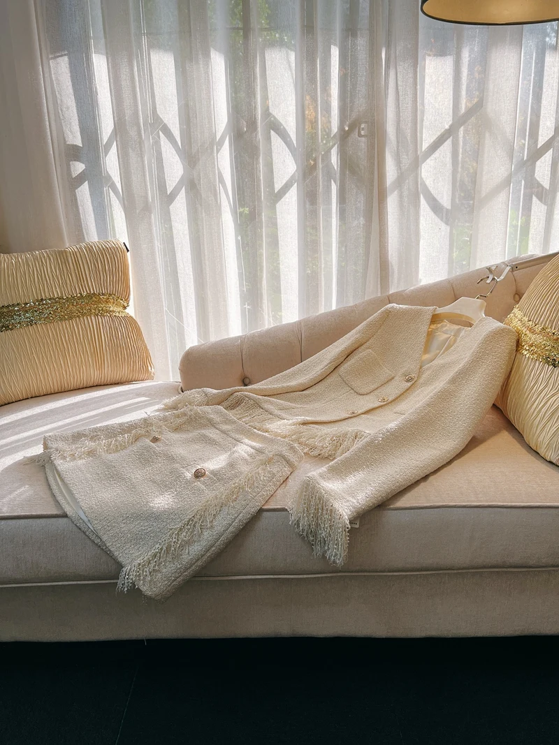 Elegant White Tassel Autumn Winter Korean Drama Set Rich Girl Fashion Lady Style Polyester Fabric 25-35 Years Old Women