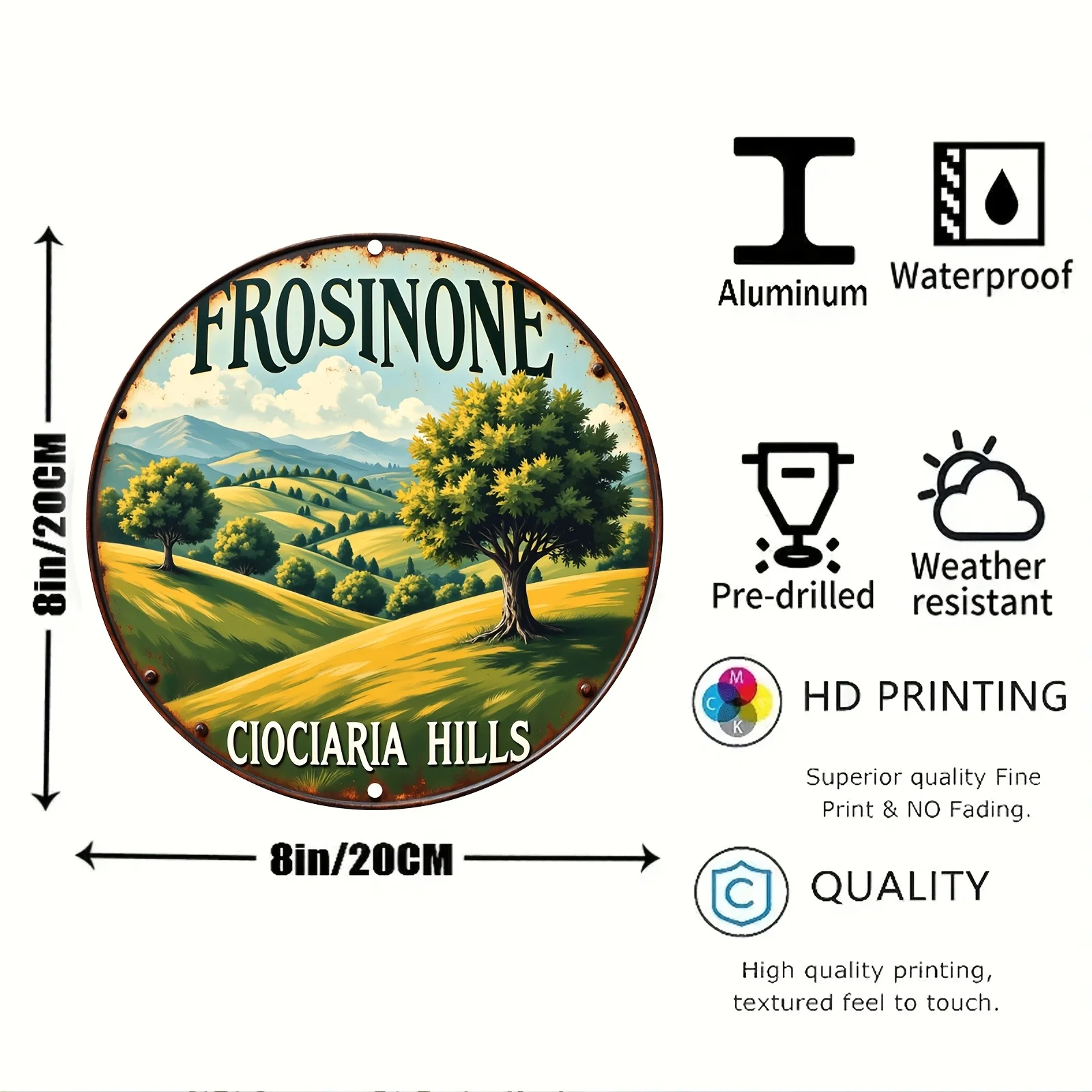 2D Flat, Vintage Aluminum Wall Art - Circular Rustic Landscape Design Featuring Frosinone Ciociaria Hills, Durable Metal Sign fo