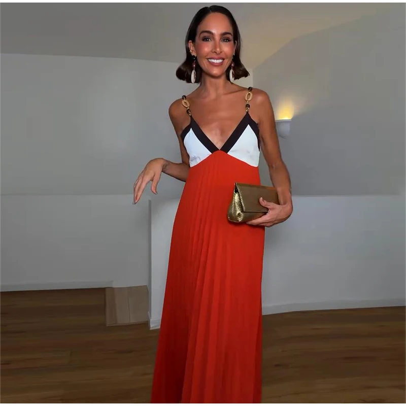 Kettenmuster-Maxikleid mit Spaghettiträgern, Farbblock-Design, V-Ausschnitt, A-Linie, Locker Geschnittenes Langes Kleid für Gäste und Partys, Sommermode 2026, Elegantes Abendkleid – Detail 12