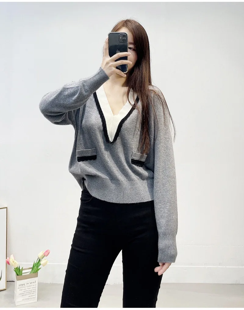 

Women's Knitted Sweater 2023 Spring New French Contrast V-neck Wave Edge Fashion Ladies Long Sleeve Pullover Knitwears Top