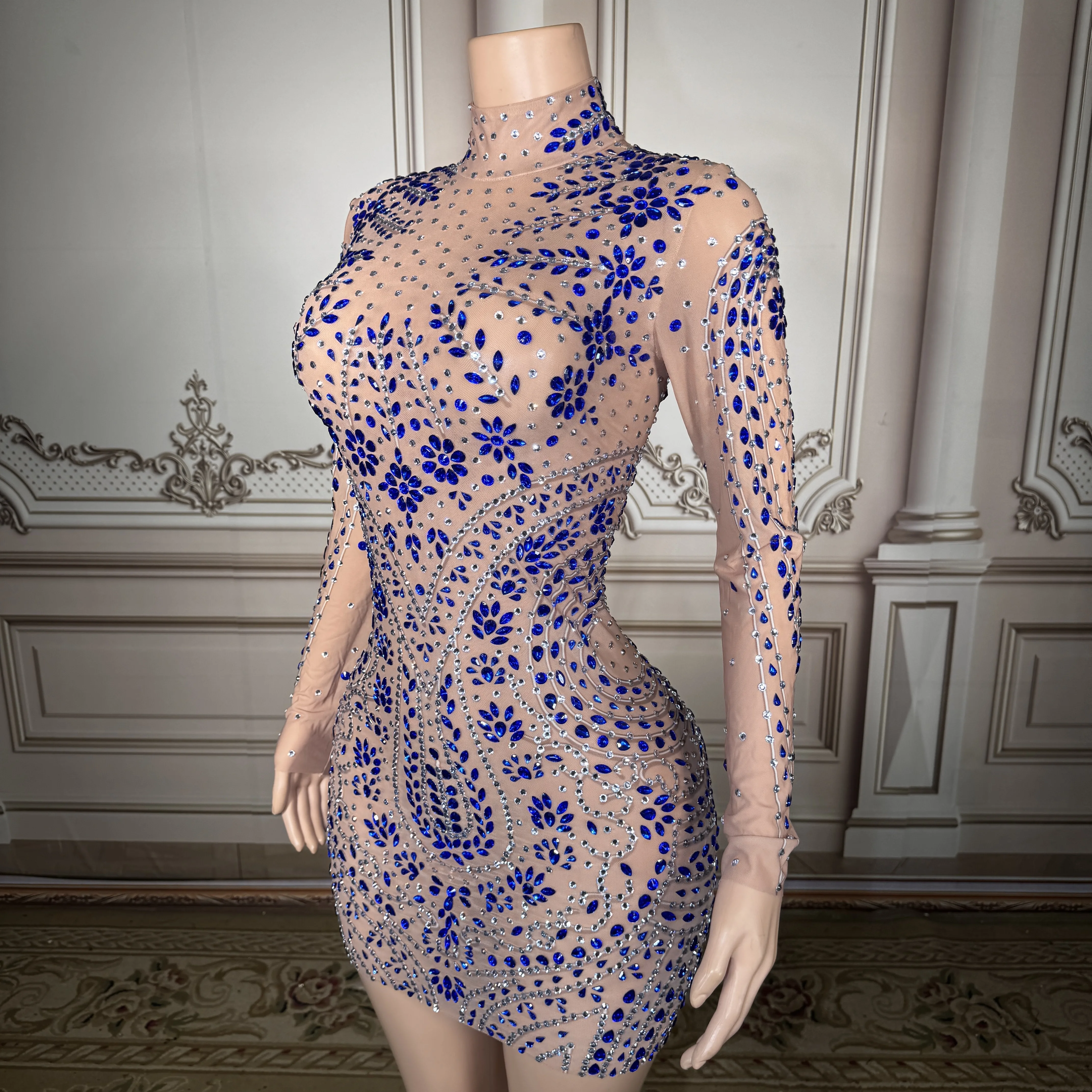 

ZD New rhinestones High neck long sleeved slim short skirt women celebrating birthdays banquets annual meetings evening gowns