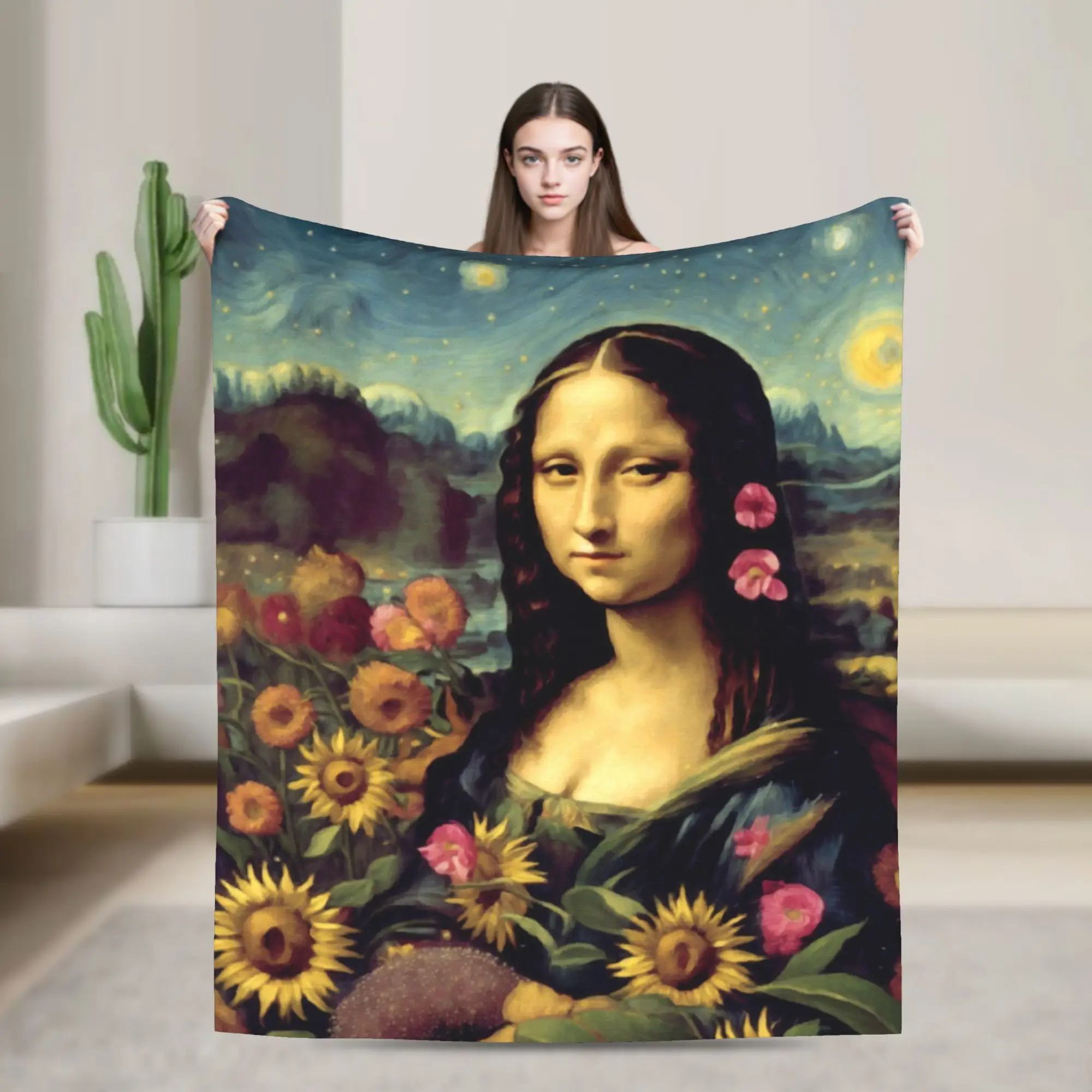 Starry Night Sunflower Mona Lisa Super Soft Blankets  Funny Picnic Throw Blanket Outdoor Flannel Bedspread Sofa Bed Cover