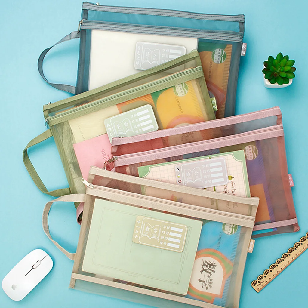 Transparent Mesh Pencil Case Office Student Zipper Pouch Clear Document Bag Book File Folders Stationery Pencil Case Storage Bag