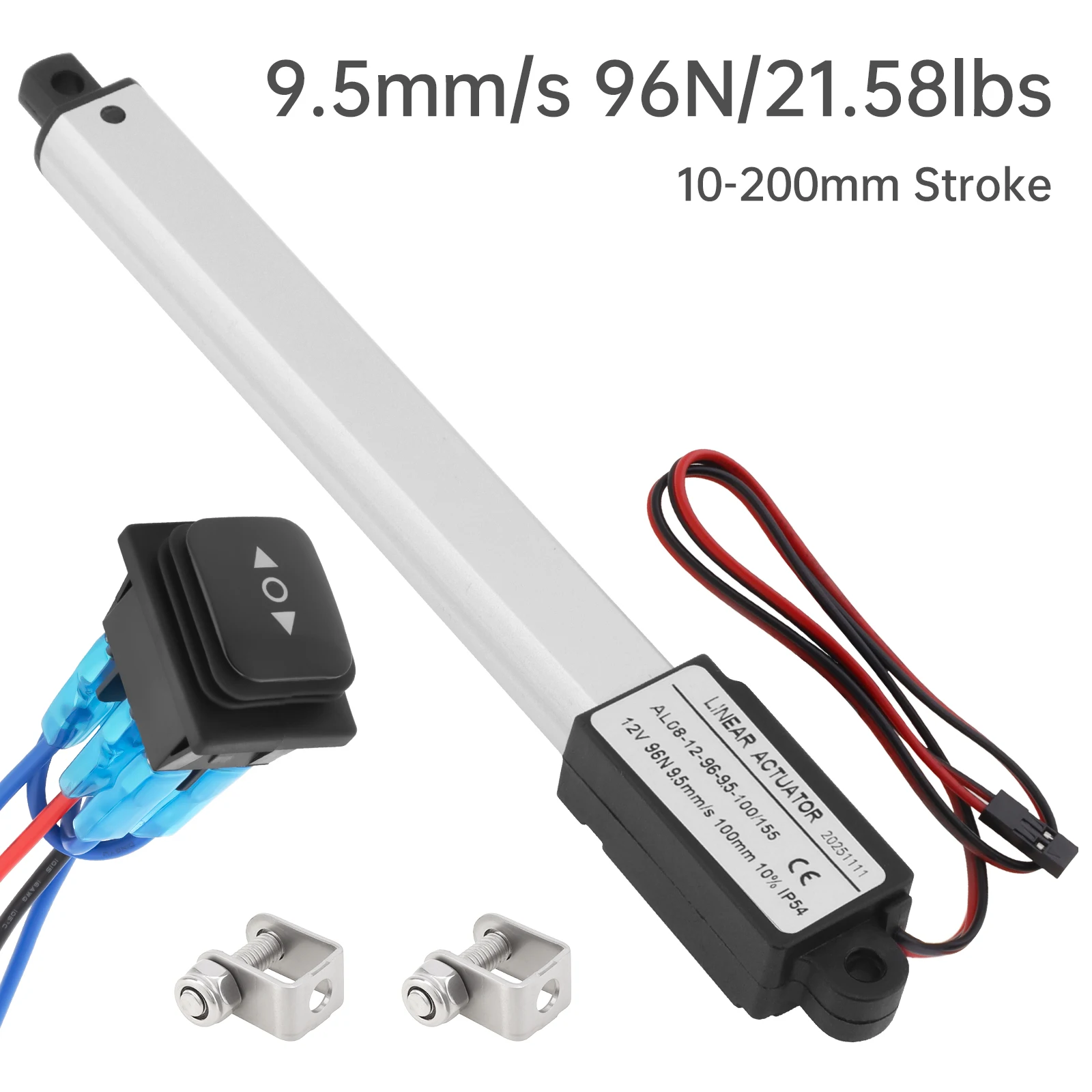 10-200mm Stroke Mini Linear Motion Actuator 9.5mm/s 96N/21.58lbs 12V Mini Micro Electric Linear Actuator with Waterproof Switch