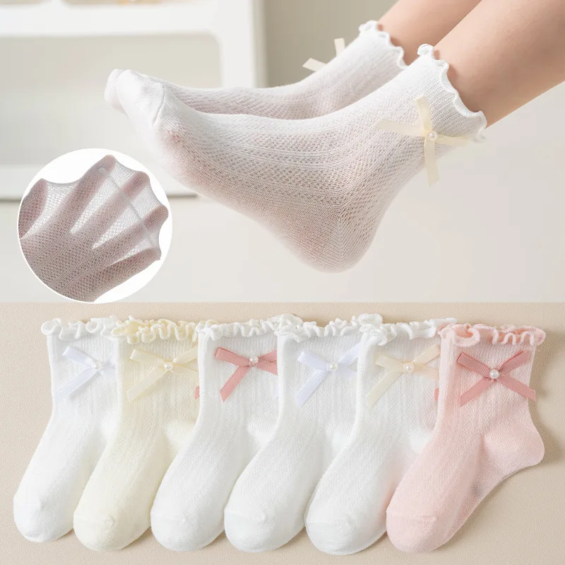 3Pairs Children Girl Thin Bow Ruffle Socks Summer Breathable Infant Babys Girls Mesh Socks Wholesale Muslin Sweet Kid Girls Sock