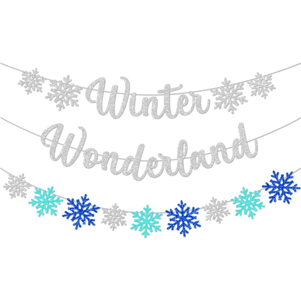 3 Pcs Winter Wonderland Themed Snowflake Flag Baby Shower Birthday Wedding Party Christmas Holiday Party Decoration Banner