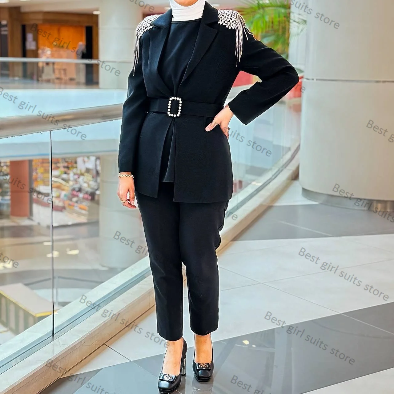 

2 Piece Black Crystals Women Suit Pants Set Jacket+Trouser Luxury Guest Blazer Wedding Tuxedo Tailored Formal Office Lady Coat