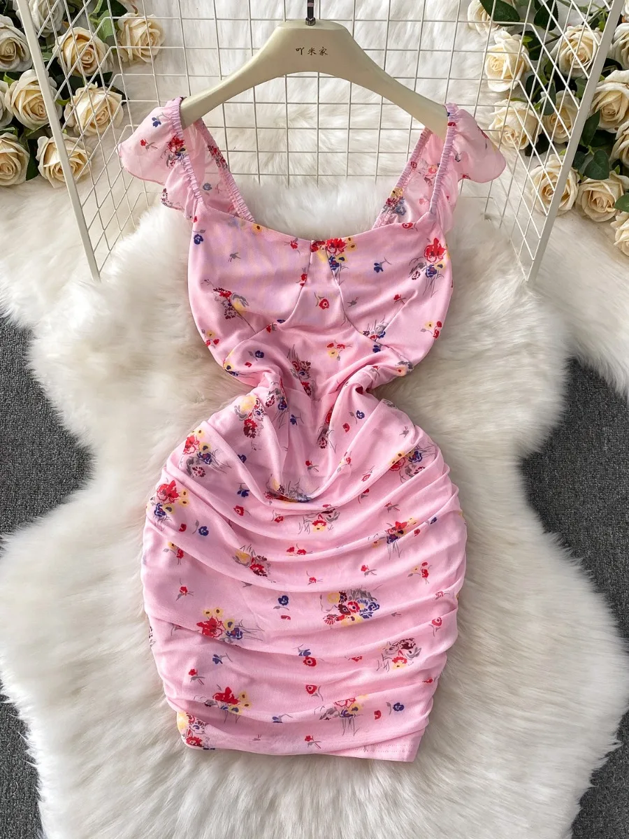 Foamlina 2025 New Floral Print Mesh Pleated Dress Women French Sexy Square Neck Flying Sleeve Slim Fit  Bodycon Dress