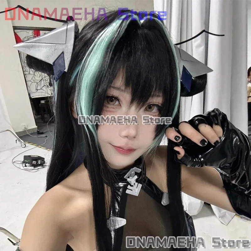 

ONAMAEHA*/GODDESSS Game Cosplay Little Mermaadd New Outfit Long Black Twin Ponytails Wigs Mint Green Highlights Synthetic Hair