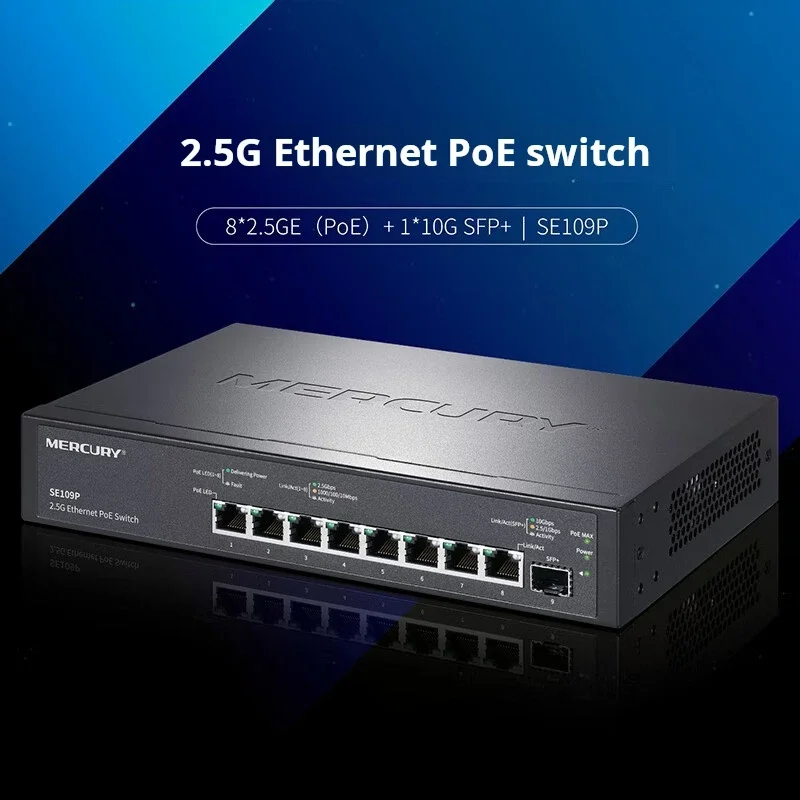 Interruttore PoE MERCURY a 8 porte 2.5G, 8*10/100/1000/2500Mbps RJ45, 1*1/2.5/10gbps SFP +, 8 * 2.5GE(PoE)@ 115W, Plug and Play, SE109P