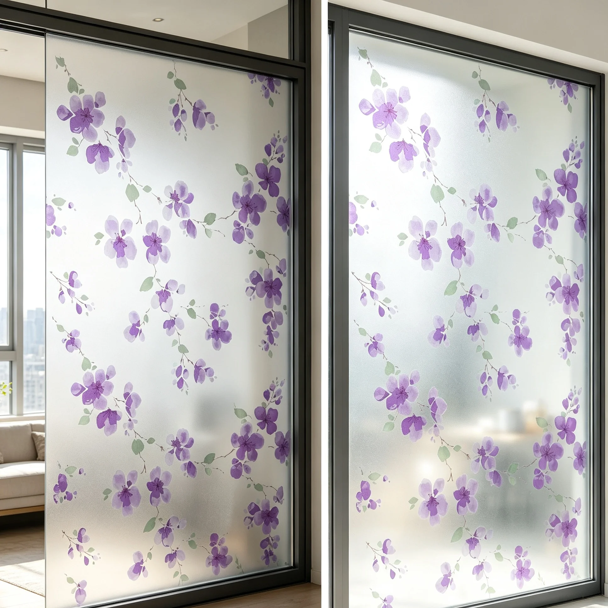 Self‑Adhesive Purple Floral Frosted Window Film, Decorative Flower Pattern Privacy Glass Sticker Anti‑UV for Home Decoration