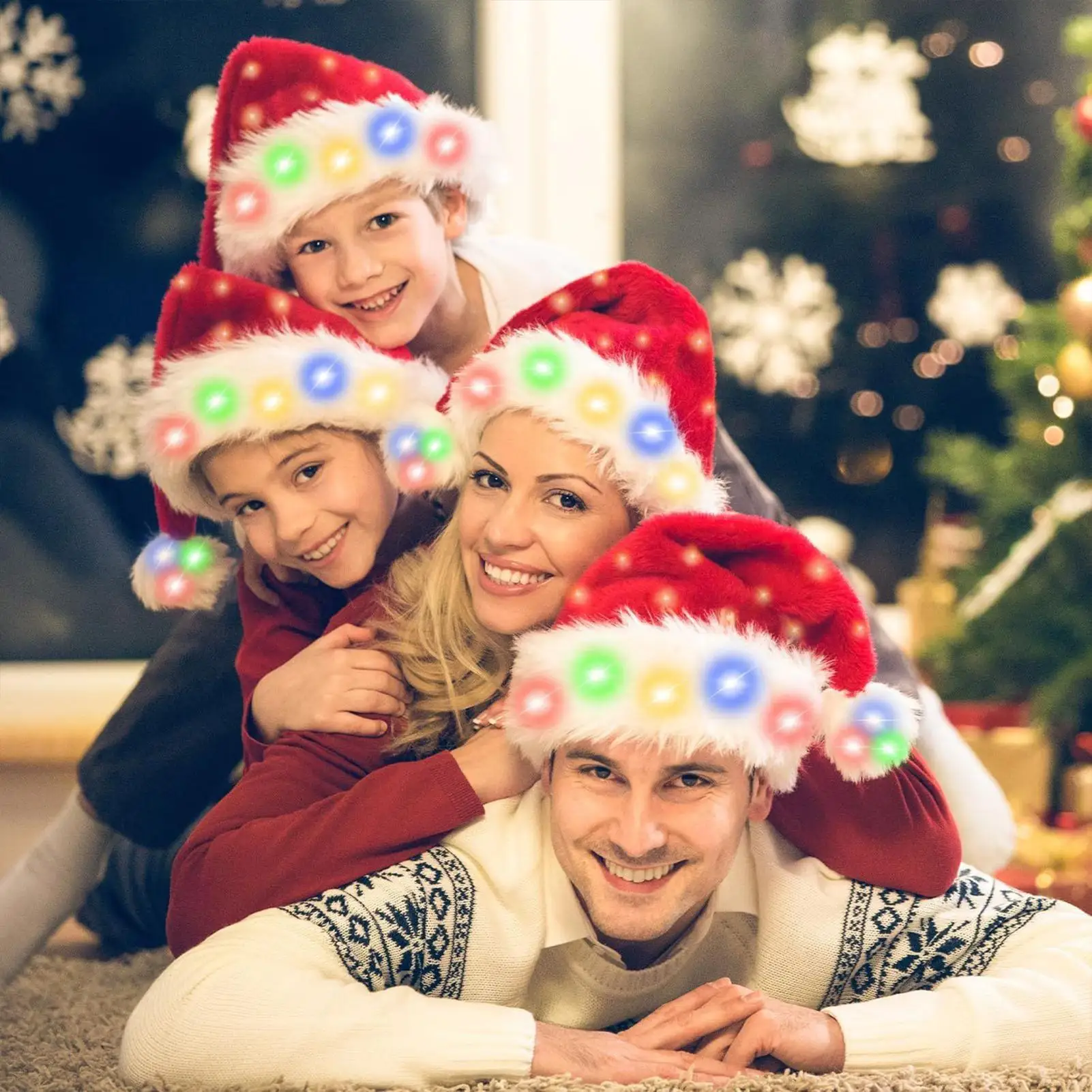 Weihnachtsmütze, LED-Leuchten, Weihnachts-Anzieh-Kopfbedeckung, LED, musikalische festliche Mütze für Kinder, Frauen, Männer, Event-Planer, Familienfoto, Winter