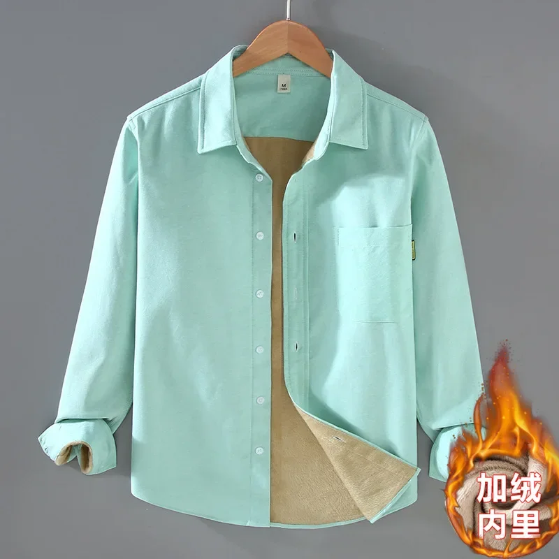 New Simple Mens Winter Shirt Daily Casual Keep Warm Camisas De Hombre Solid Lapel Oxford Fleece Top with Pocket Slim Fit Shirt