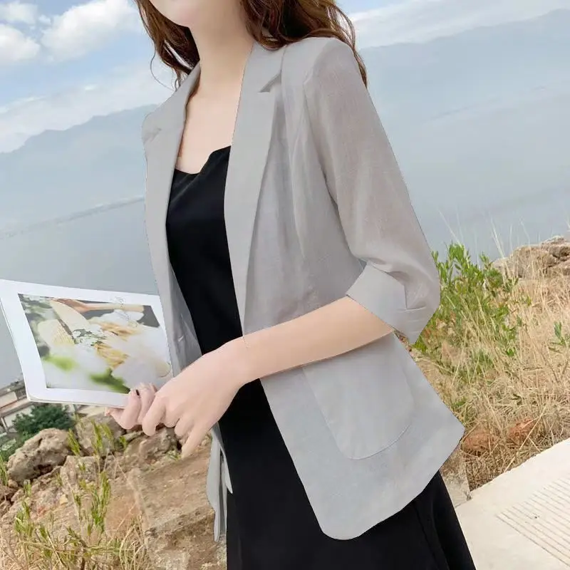 

Flax Small Suit Women 2024 Summer New Fashion Thin Coat Quarter sleeves Casual Blazers Jacket British style Large size 5XL Z945