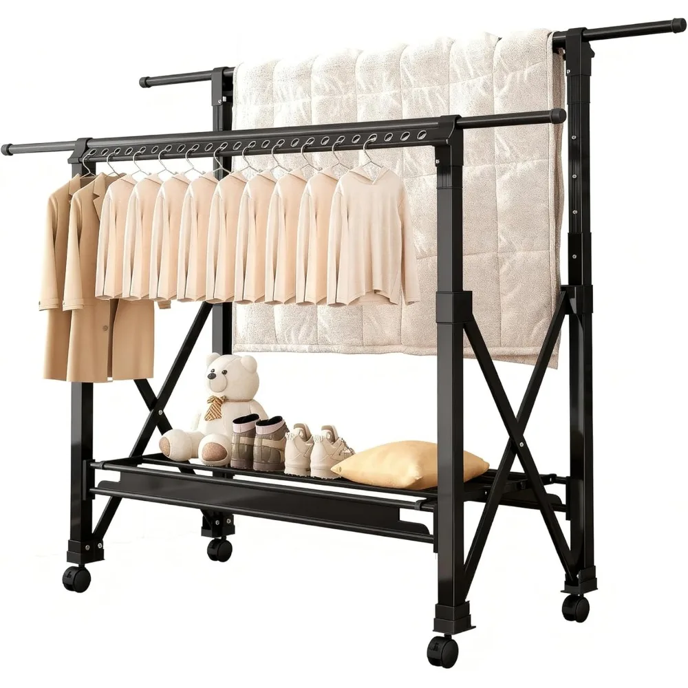 

Rolling Clothing Rack with Wheels, Portable Double Rod Metal Garment Rack, Clothes Drying Hanging Organizer for Close