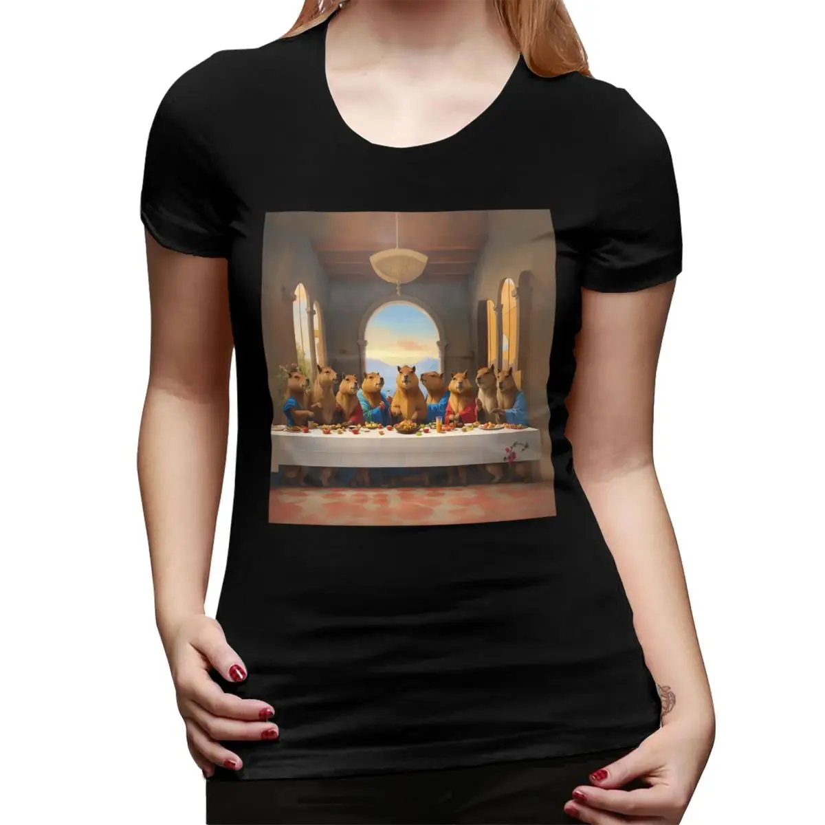 

Женская футболка с рисунком изображения Капибары, уличная одежда с круглым вырезом, женская летняя одежда с короткими рукавами, топы