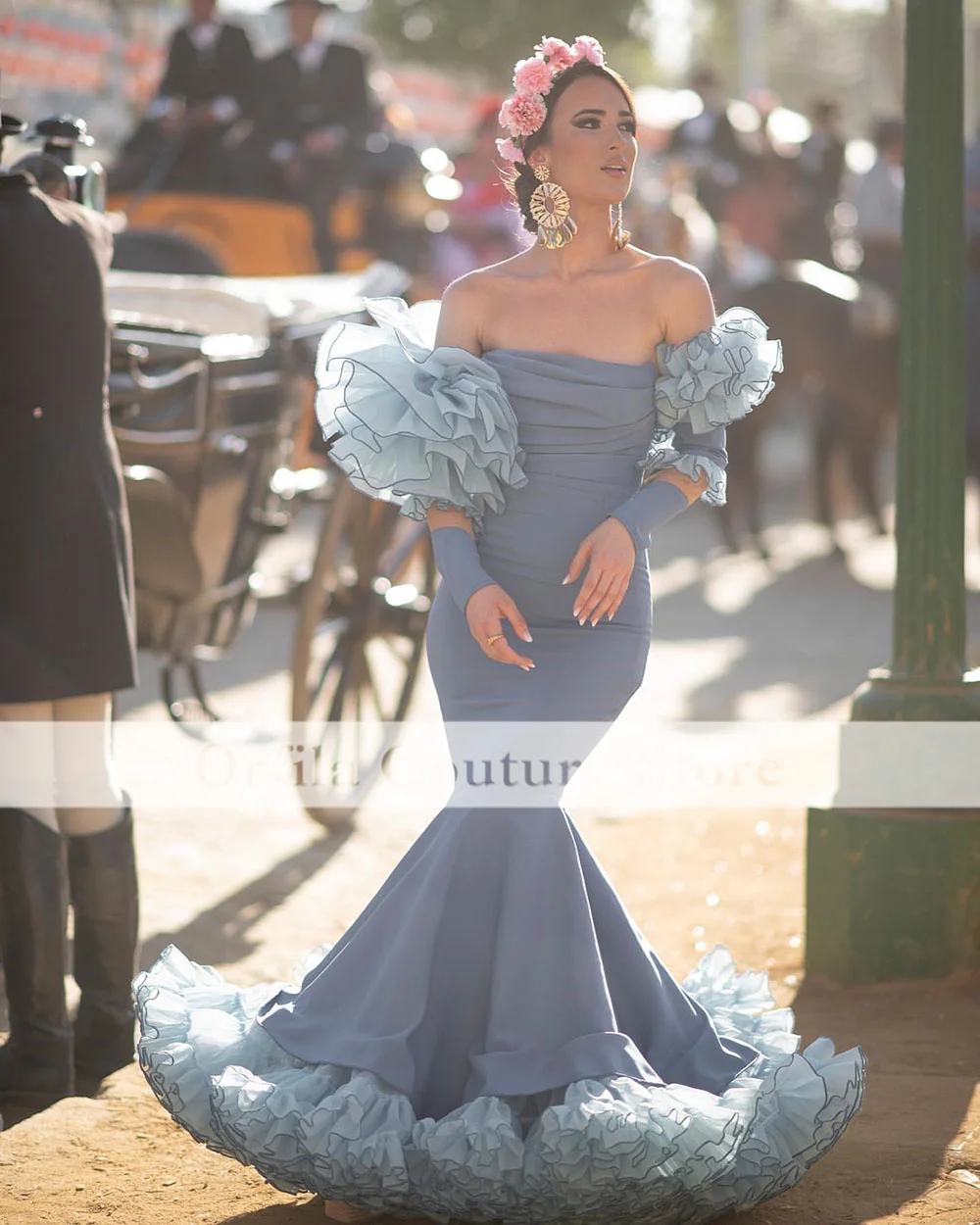 Flamenca Evening Dress Long Sleeves Blue Ruffles Skirt Spanish Prom Dance Dresses Off Shoulder Formal Party Gowns