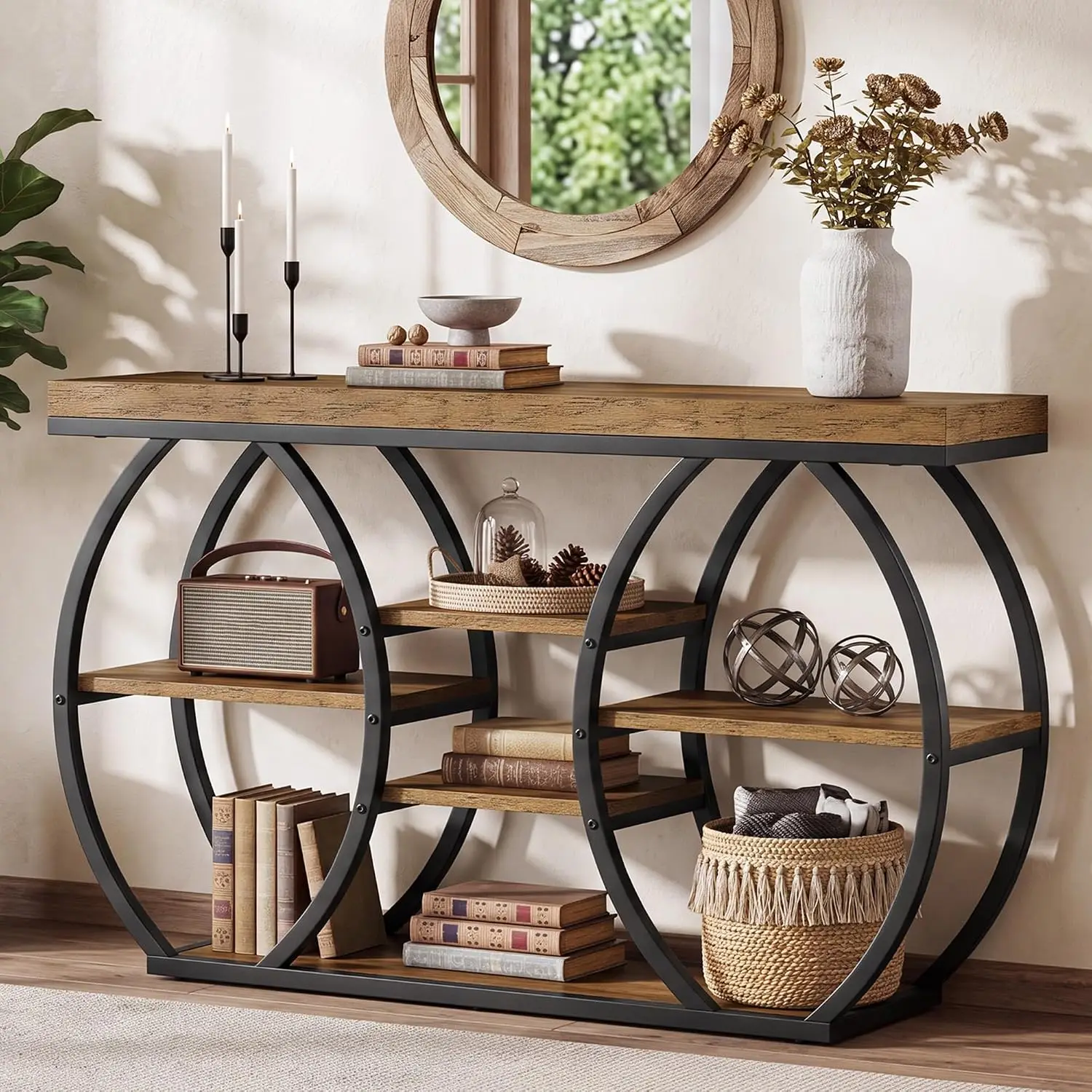 47-Inch Farmhouse Console Table for Entryway, 4-Tier Narrow Industrial Sofa Table with Artistic Curved Metal Frame, Customized
