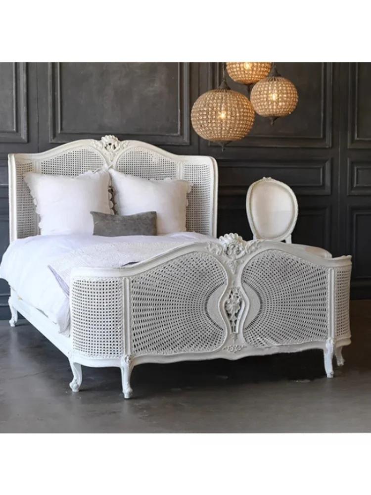 

American country solid wood carving flower rattan double bed French retro villa wedding bed