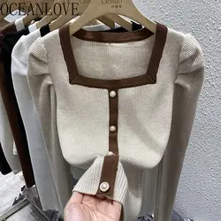 OCEANLOVE Puff Sleeve Autumn Winter Clothes Women Sweaters Contrast Color Vintage Pull Femme Korean Fashion Slim Pullovers