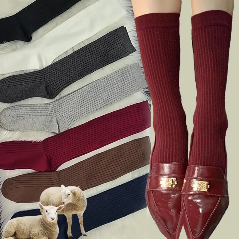 High-quality Wool Long Socks Women Autumn Warm Cold-proof Knee Thigh High Elastic Socks Knitted Girls Gra Red Lucky Stockings