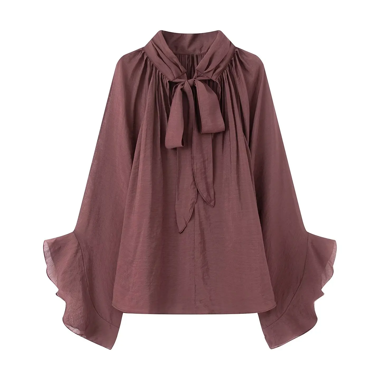 

Ruffle Design Blouse For Women Chic See-tough Design Bow Flare Sleeve Loose Shirt Female 2025 New Spring Fashion Elegant Tops