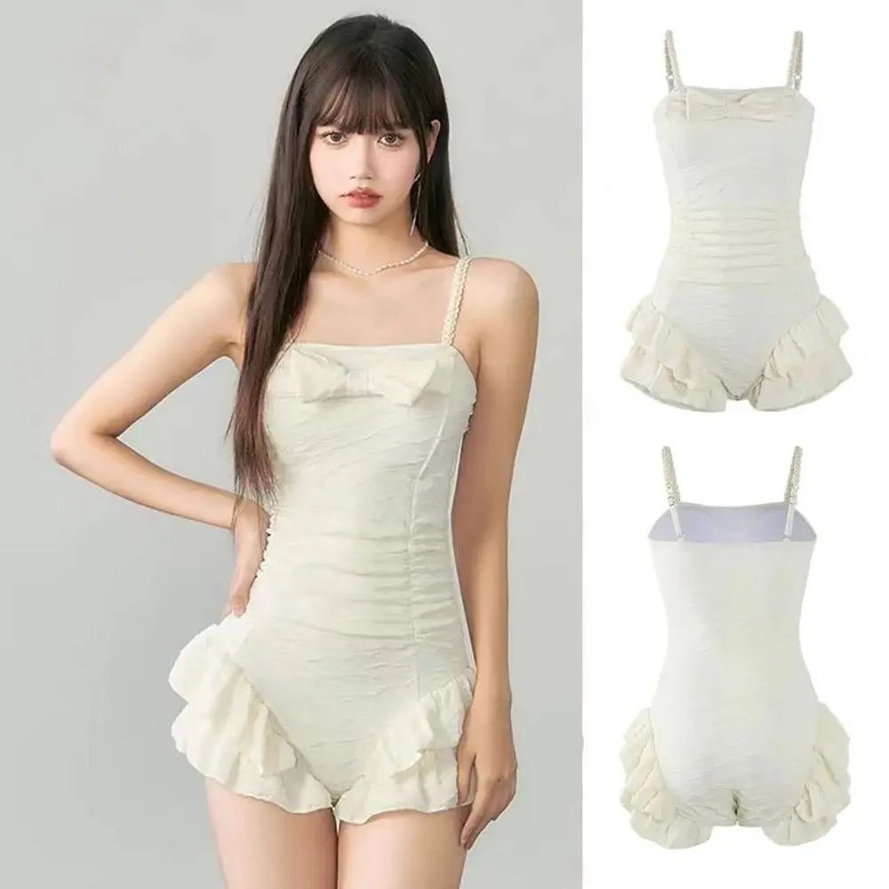 1 ชิ้น One Piece สามเหลี่ยม Ruffle ชุดว่ายน้ําเอวสูง Slim สีขาวฤดูร้อนชุดว่ายน้ําน่ารักชายหาด Push Up ชุดว่ายน้ํา