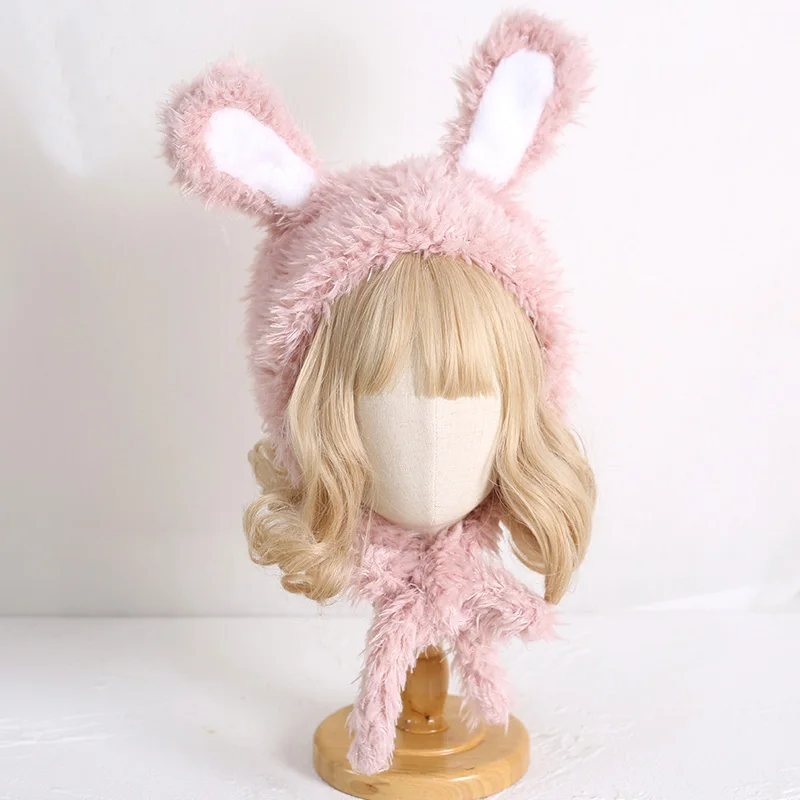 Women Lolita Kawaii Earflap Hat Winter Beanies Fluffy Fuzzy Warm Cap with Bunny Rabbit Ear Anime Cosplay Accessory Black Pink