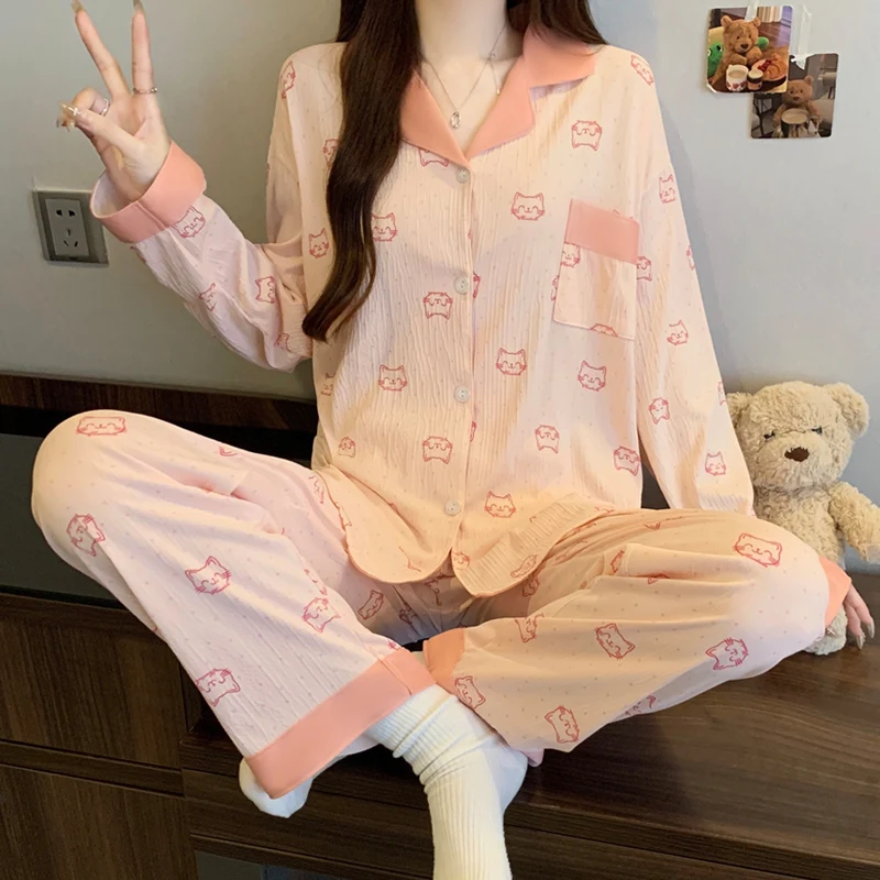 

Dot Cat Cartoon Sweet Cute Pajamas for Women Autumn Winter New Lapel Neck Sleepwear Set Harajuku Style Y2K Basic Women's Pajams