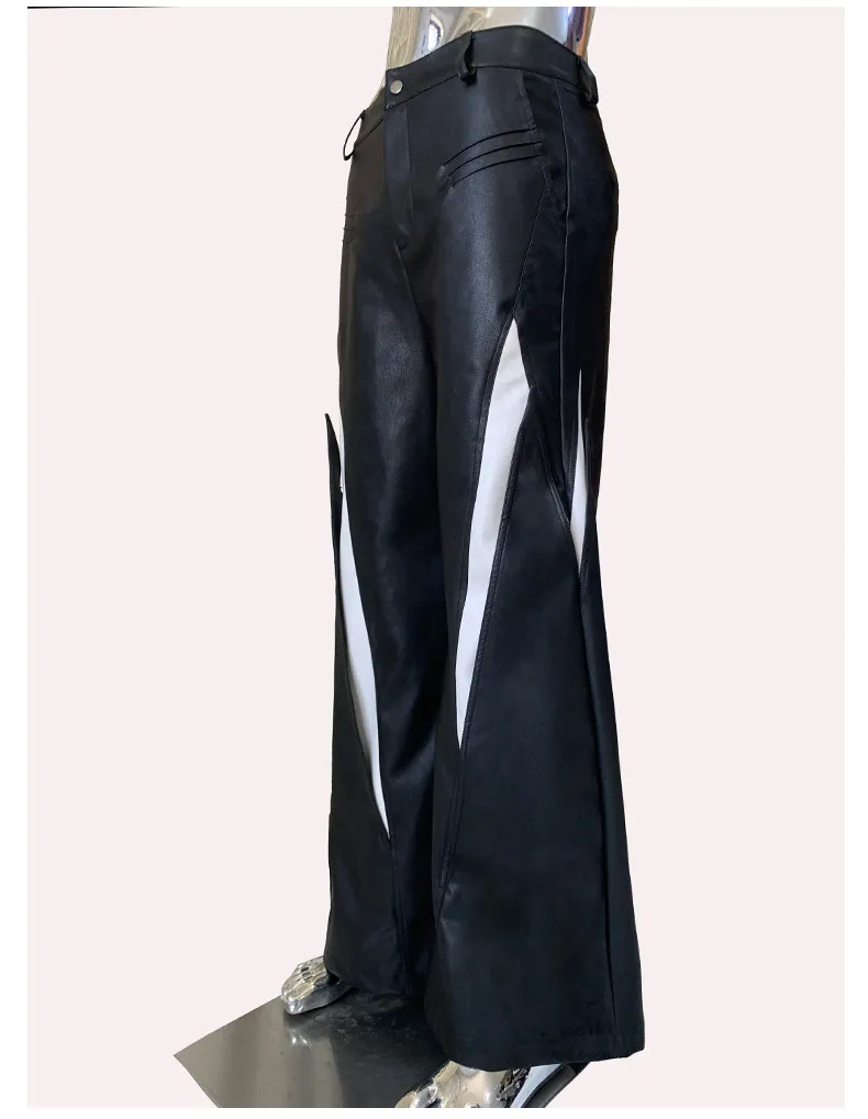 High Street Heavy Industry PU Leather Pants Men's Wide Leg Pants with Super Cool and Contrasting Color Splicing Casual Pants