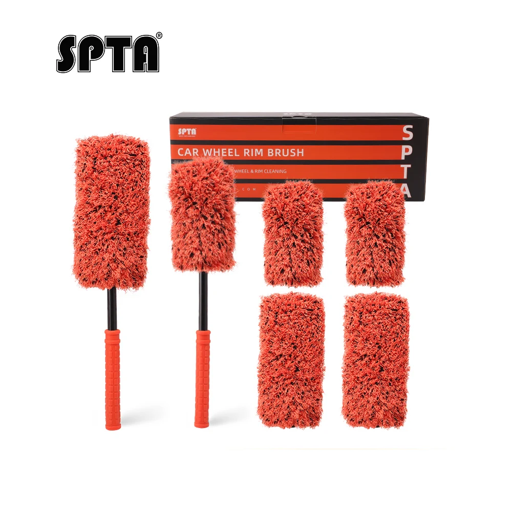 

SPTA Car Wheel Brush Set 2Pcs Microfibre Rim Brush with Extra 2 Large & 2 Small Interchangeable Microfiber Covers Wheel Cleaning