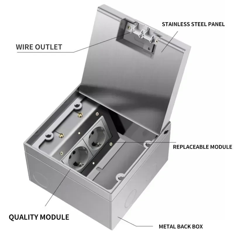 Metal panel stainless steel 130size universal inlaid floor socket-2 power outlets with recessed USB and network functionality