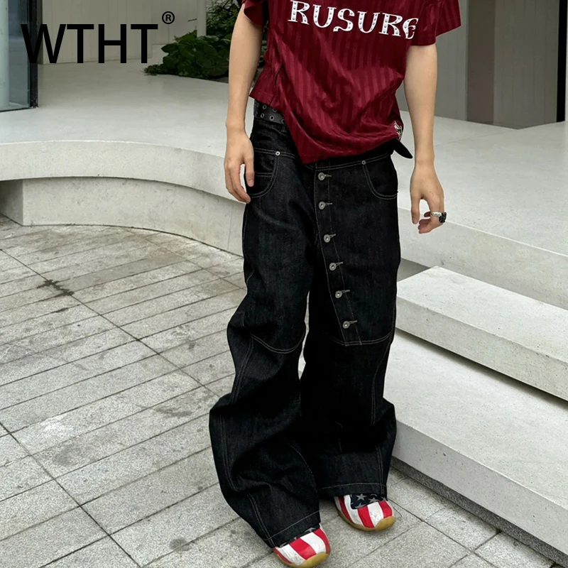 

WTHT Vintage Men's Single-breasted Solid Color Denim Pants Fashion 2025 Autumn High Street Wide Leg Straight Jeans Male 2A1559