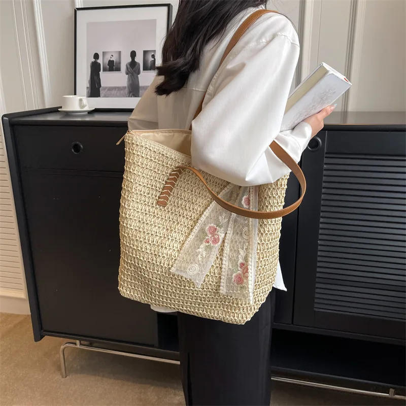 Yogodlns Vintage Women Woven Shoulder Bag Solid Color Lace Ribbon Tote Handbags Wicker Boho Straw Bag for Beach Handle Beige Bag