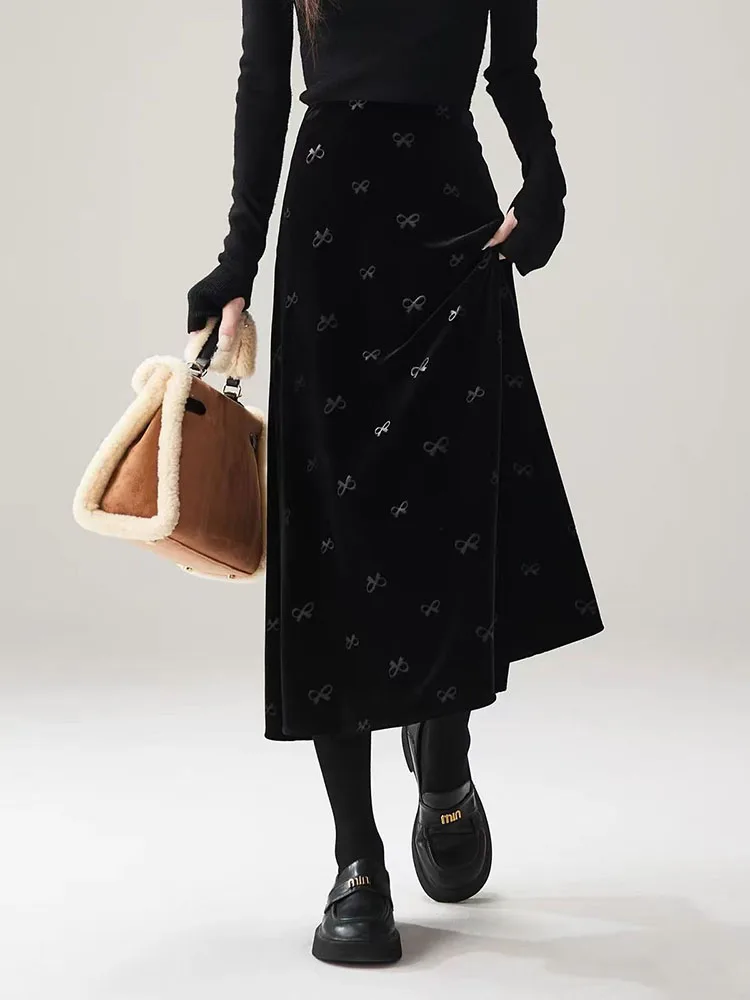Vintage Velvet Black Skirts Korean Luxury Bow Print Design Midi Skirts Y2K High Waist Elegant Office Lady All Match A Line Skirt
