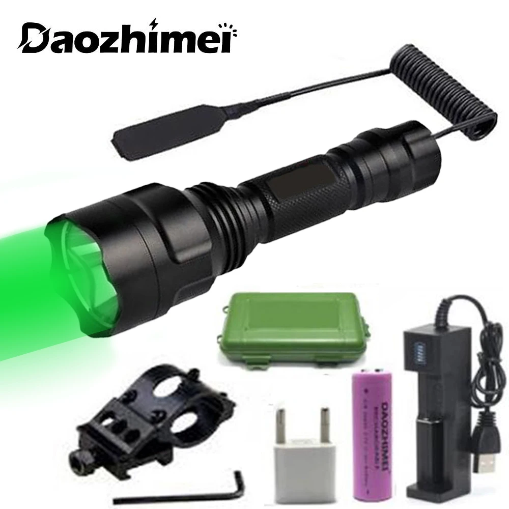 

White/Green/Red LED Flashlight 2000 lumens Tactical Hunting Lantern+Rifle Scope Airsoft Mount Clip+Remote Switch+USB Charger