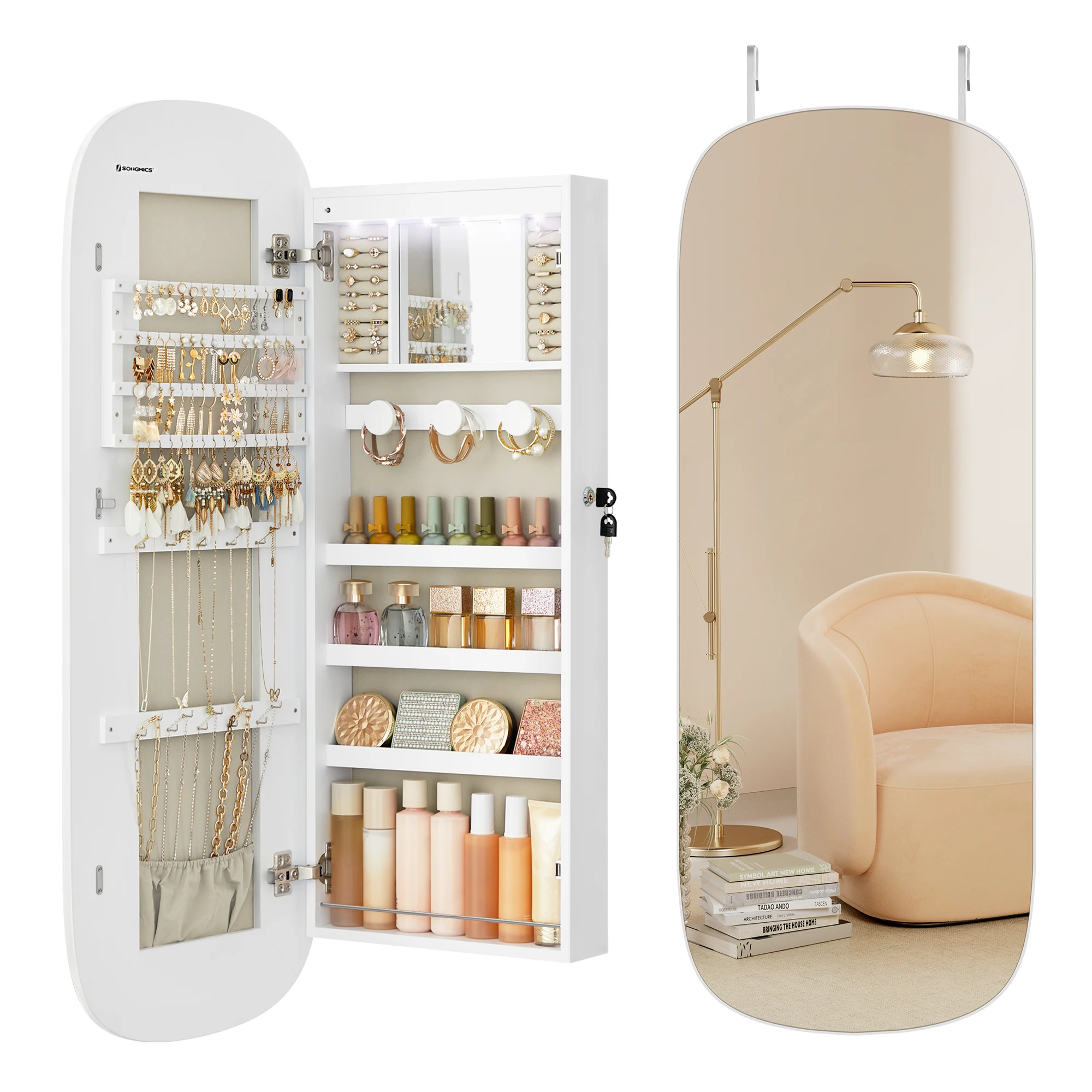 SONGMICS Jewelry Organizer, LED Jewelry Cabinet Wall or Door Mounted, Lockable Rounded Wide Mirror with Storage