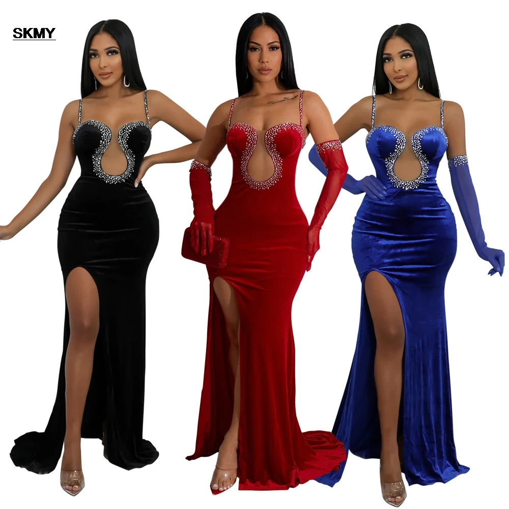 

SKMY Vestidos Solid Color Mesh Backless Spliced Rhinestone Split Suspender Long Dress Evening Elegant Party Dresses 2024