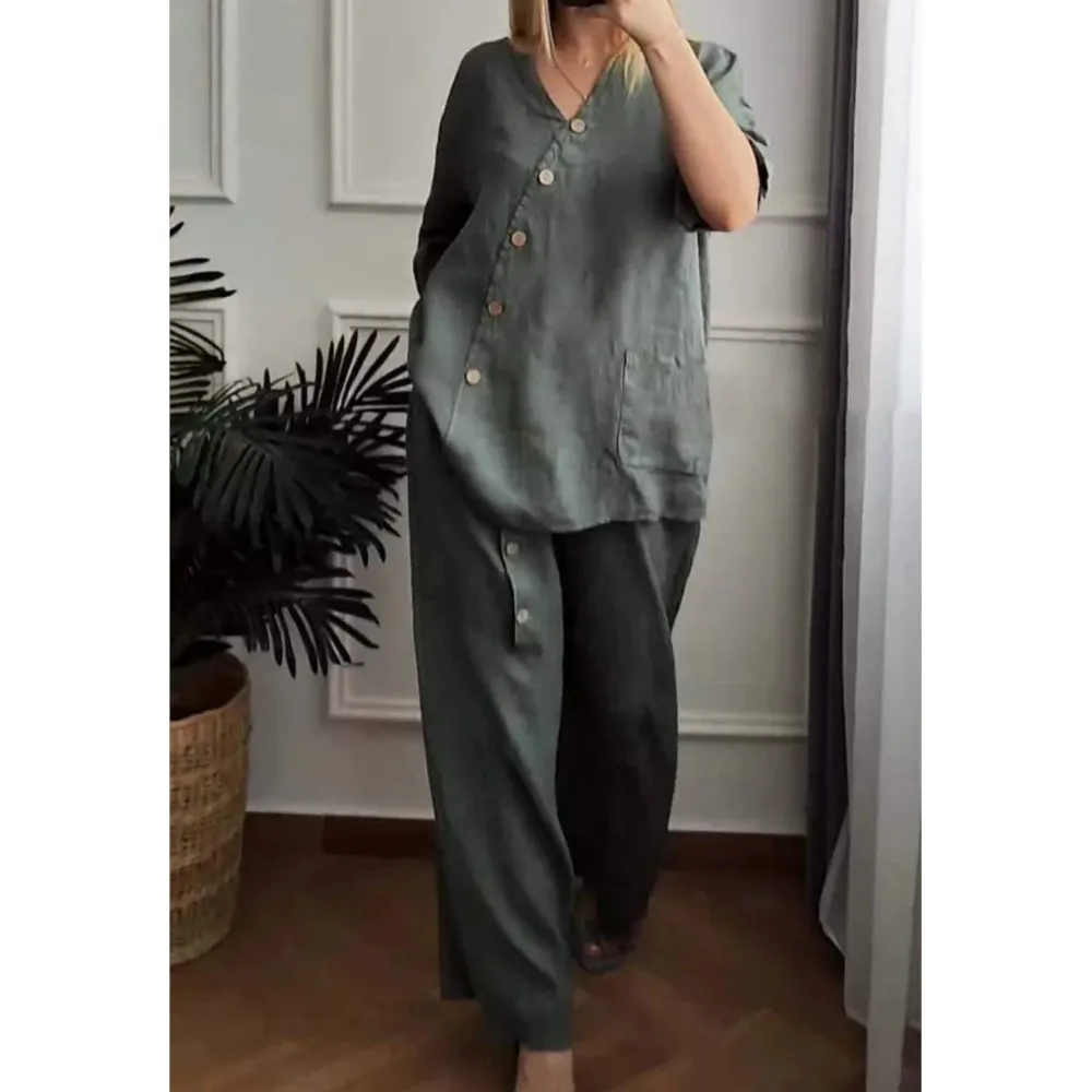 Summer New Solid Color Cotton Linen Women\'S Suit 3/4 Sleeve Top Fashion Retro Pocket Wide Leg Trousers Female Casual 2 Piece Set