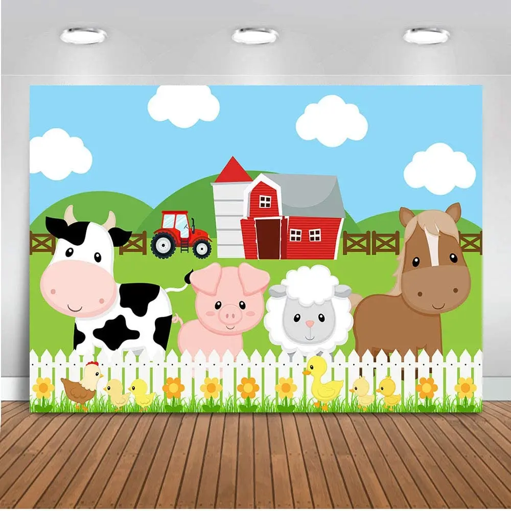 

Farm Barnyard Birthday Backdrop Cartoon Red Barn Animals Birthday For Boys And Girls Photography Background Green Grass Fence